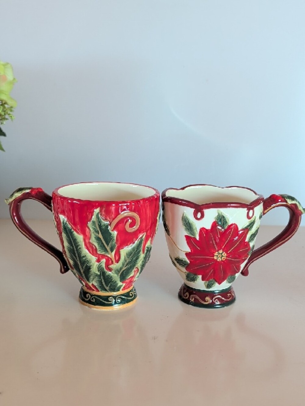 2 Holiday Holly and Poinsettia Ceramic Mugs - Red and Green.